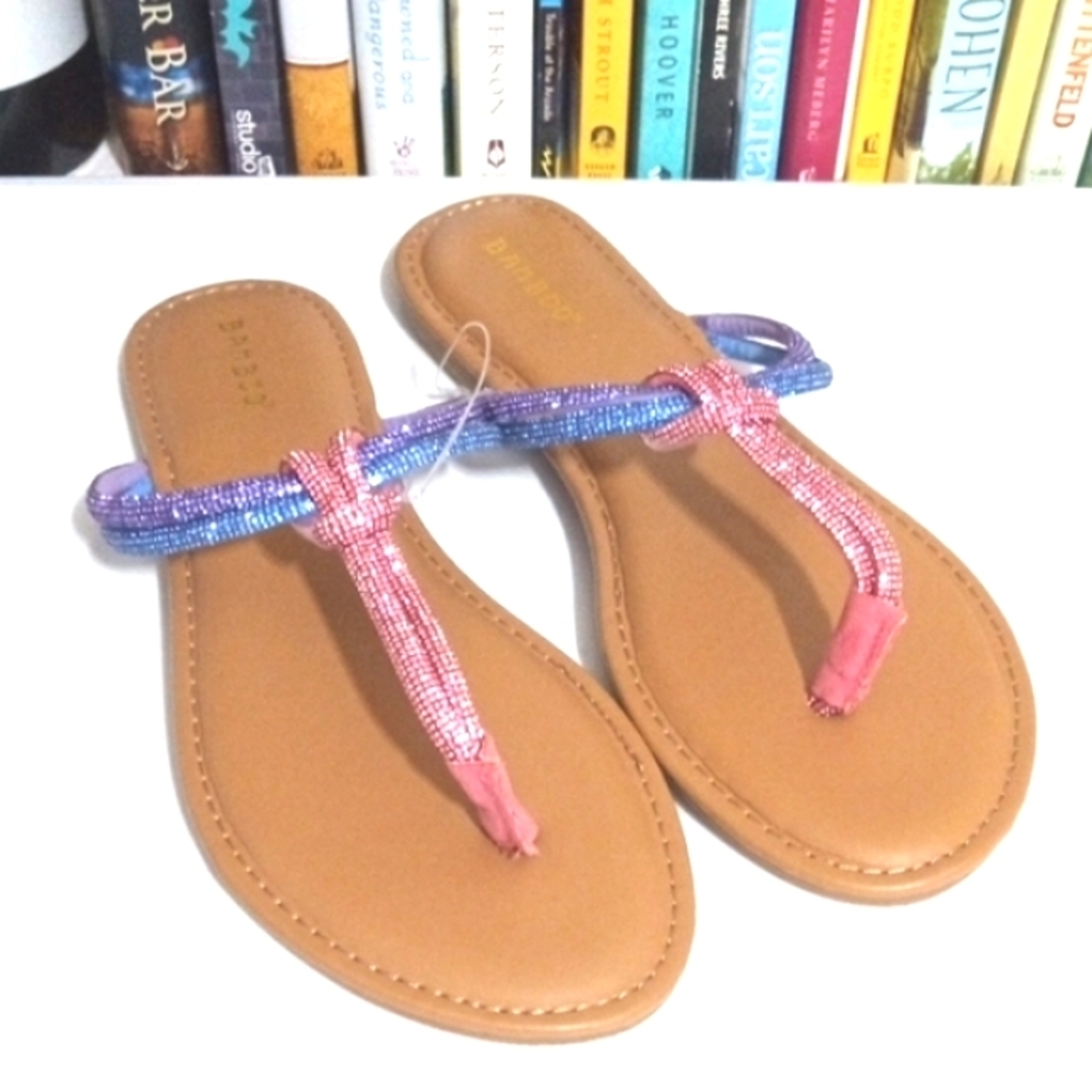 BAMBOO RHINESTONE THONG SANDALS Pink Blue Purple Flat Strappy Sandals SIZE 10 NW